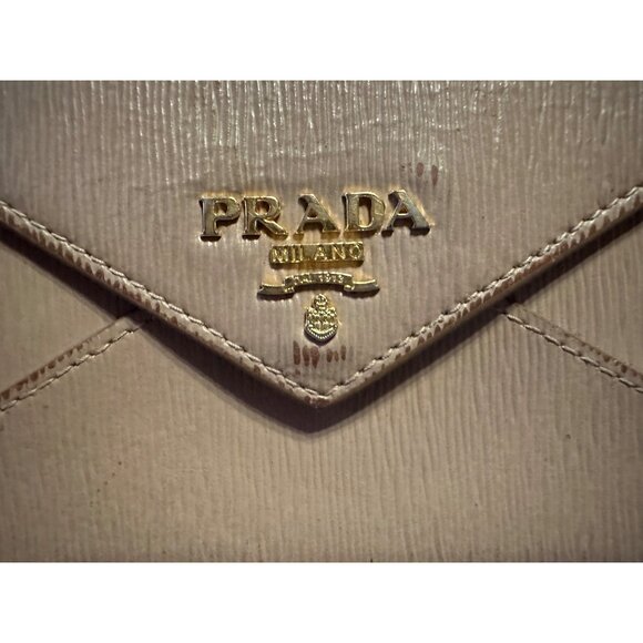 Prada Milano Envelope Clutch Wallet Womens Leather Beige Textured Gold Logo - Picture 3 of 9